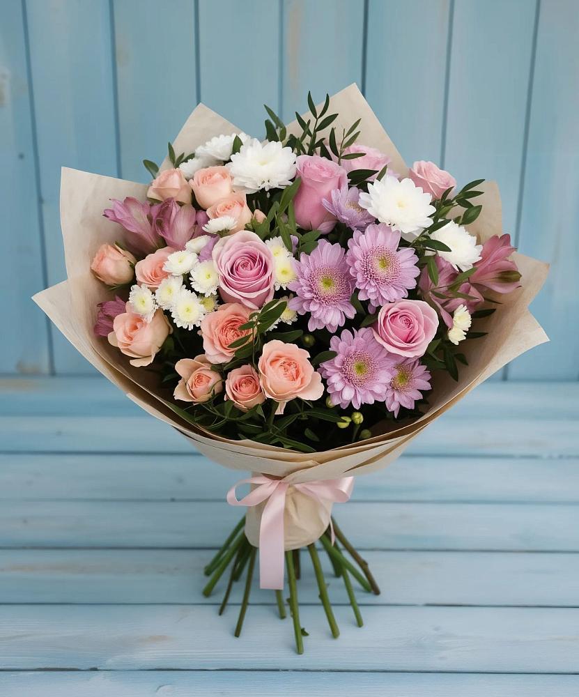 Букет цветов из: Хризантемы, Розы и Альстромерии в Володарском