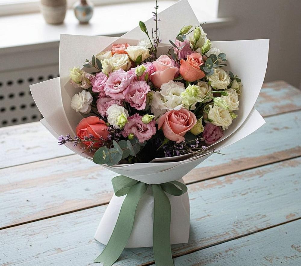 Букет цветов из: Розы, Лизиантусы и Гвоздики в Володарском