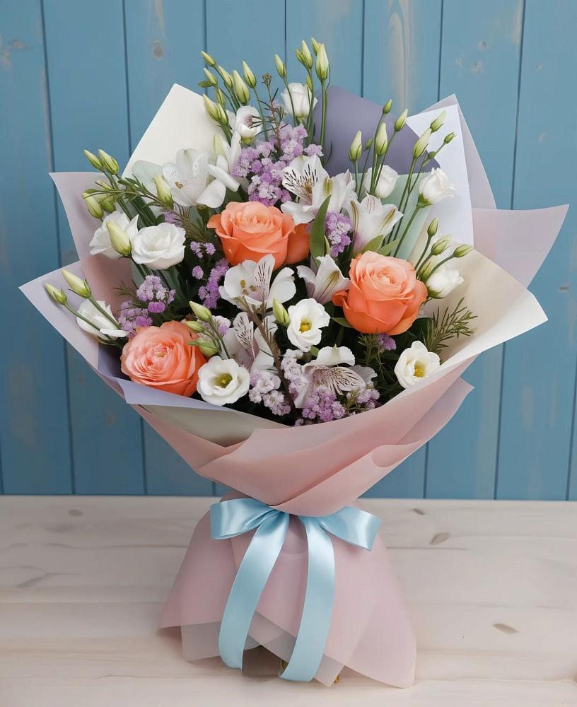 Букет цветов из: Лизиантусы, Розы, Альстромерии и Гипсофила в Володарском