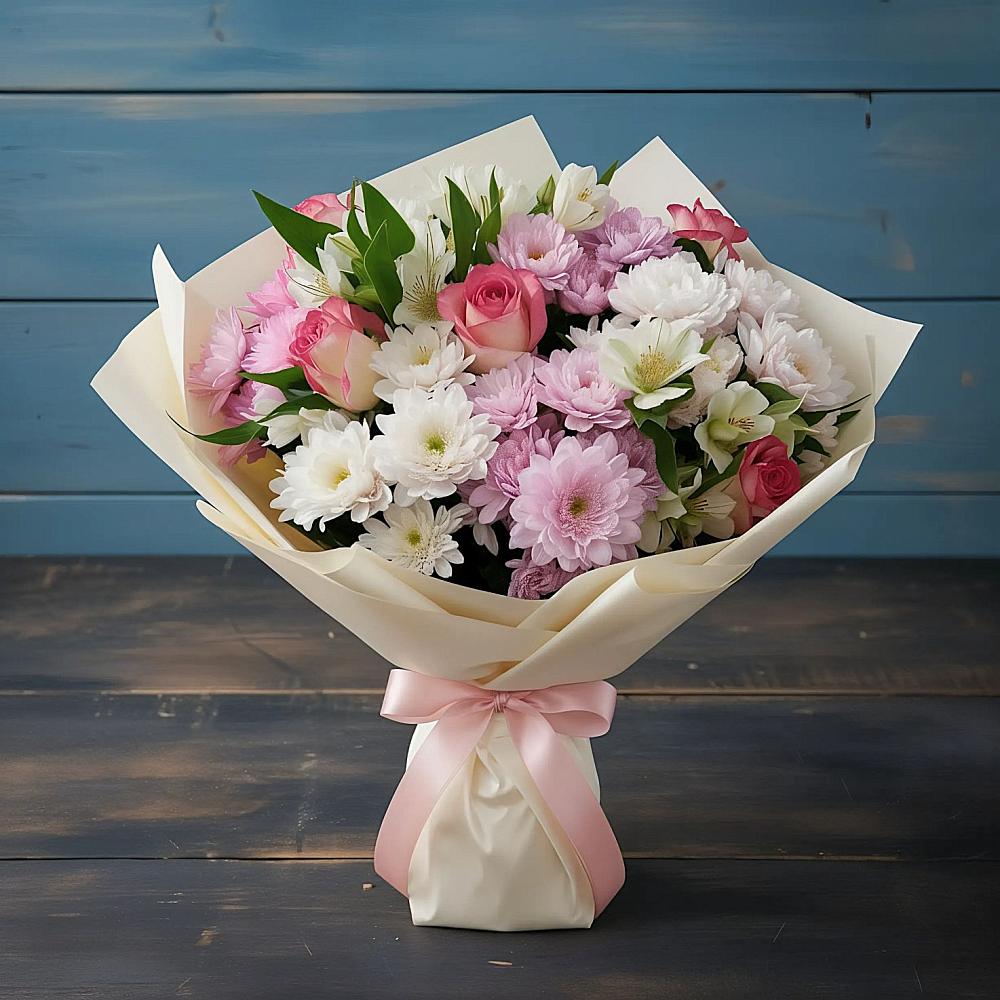 Букет цветов из: Хризантемы, Альстромерии и Розы в Володарском